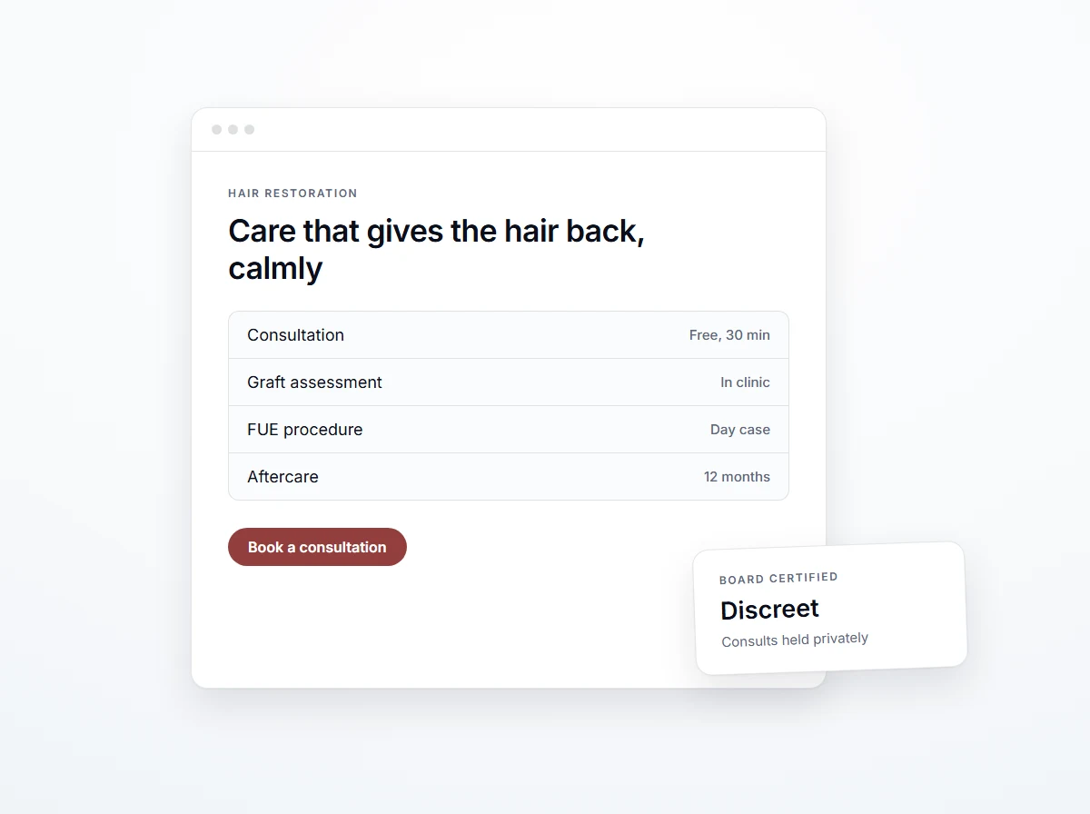 Editorial mock of a hair transplant clinic homepage, brand wordmark, hero callout, consult booking primary CTA