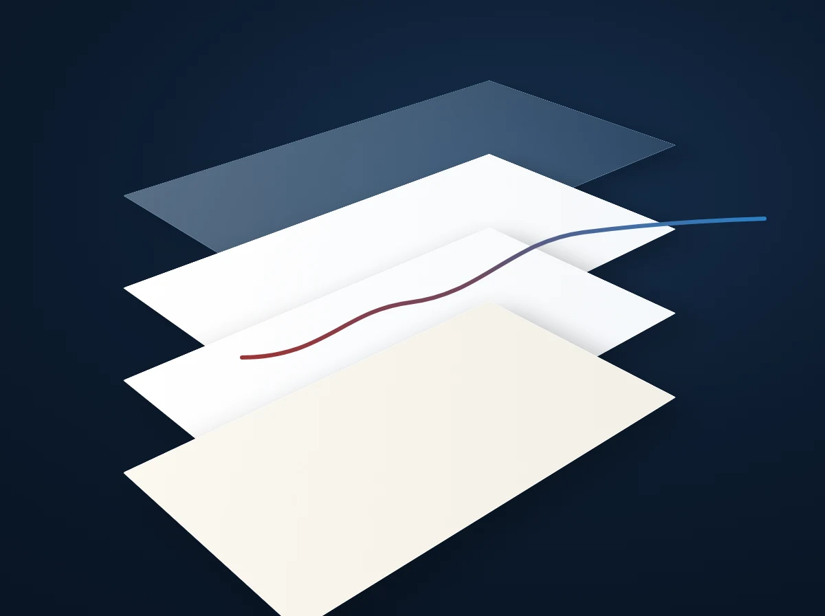Four translucent stacked layers climbing month over month, single red-to-blue pulse line stitching them together