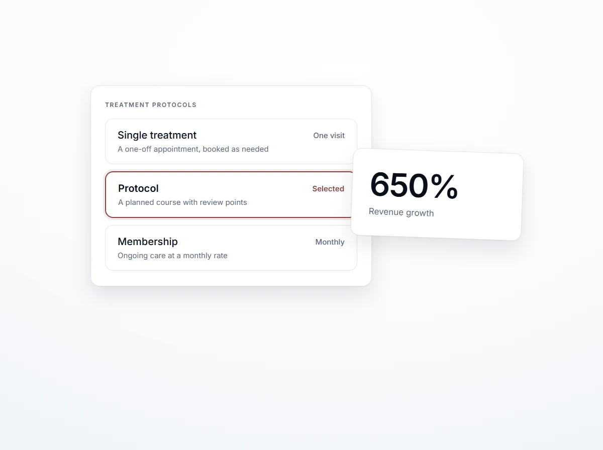 Three stacked treatment protocols with one selected, brand-red ring marks the active card