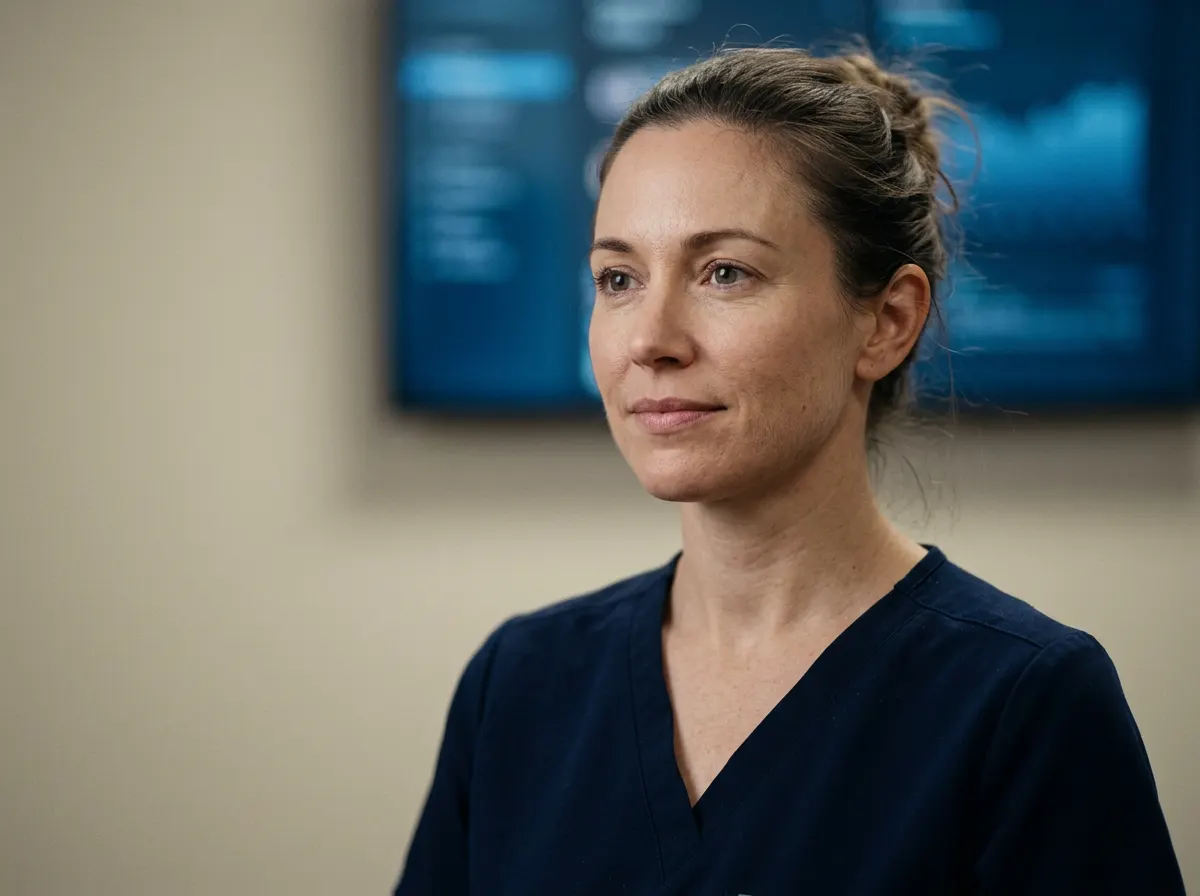Aesthetic-nurse practitioner mid-consultation, soft-focus screen behind her