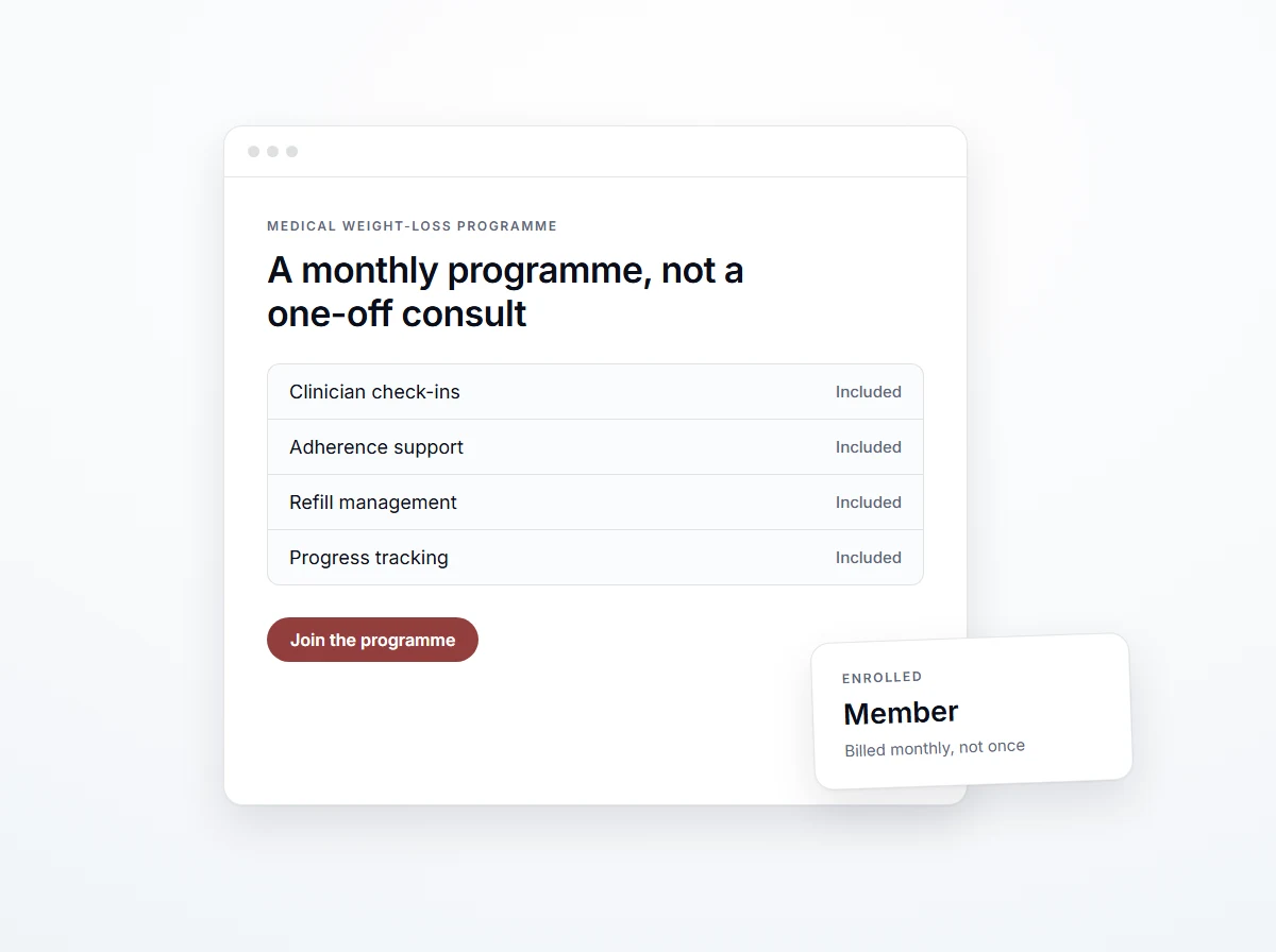 Editorial mock of a weight-loss program landing page with a membership call to action