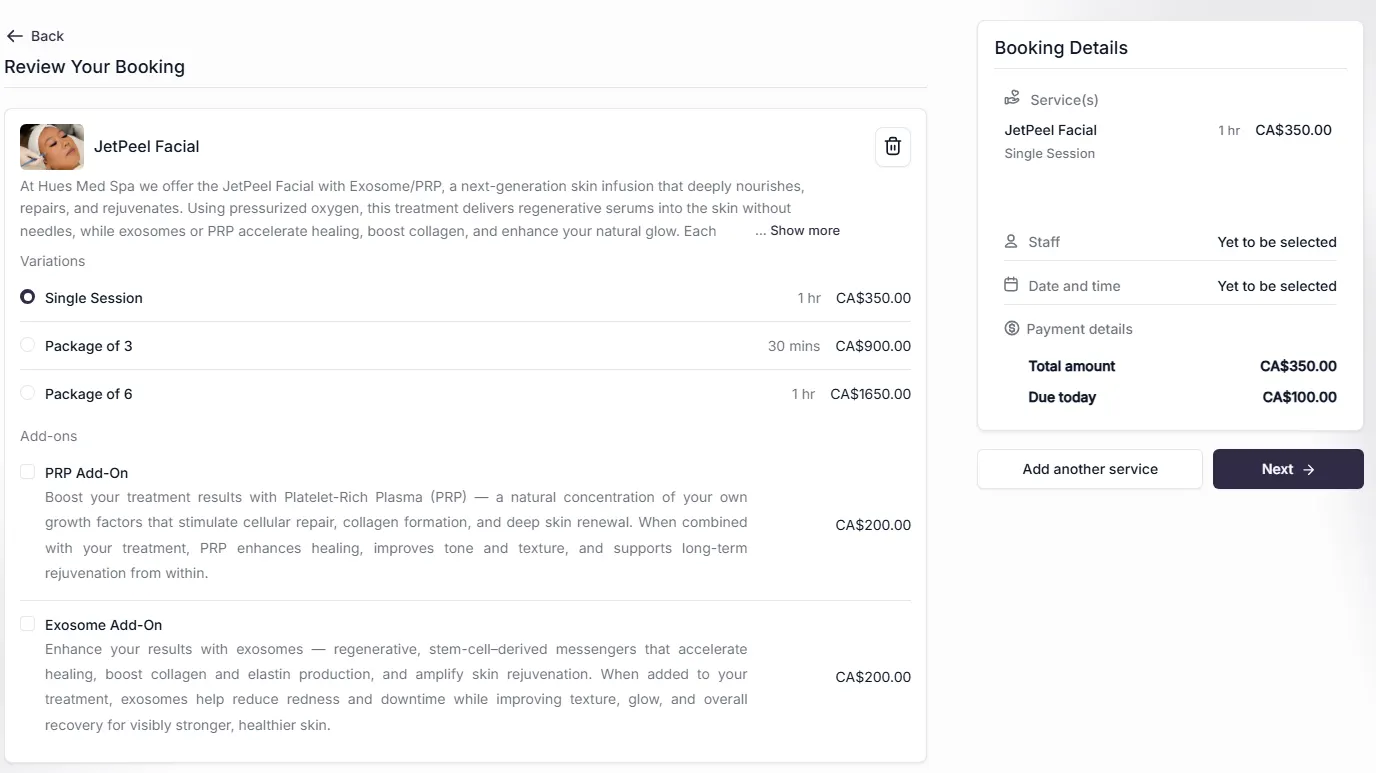 A Hue's Med Spa treatment page with one-tap add-ons highlighted right at checkout.
