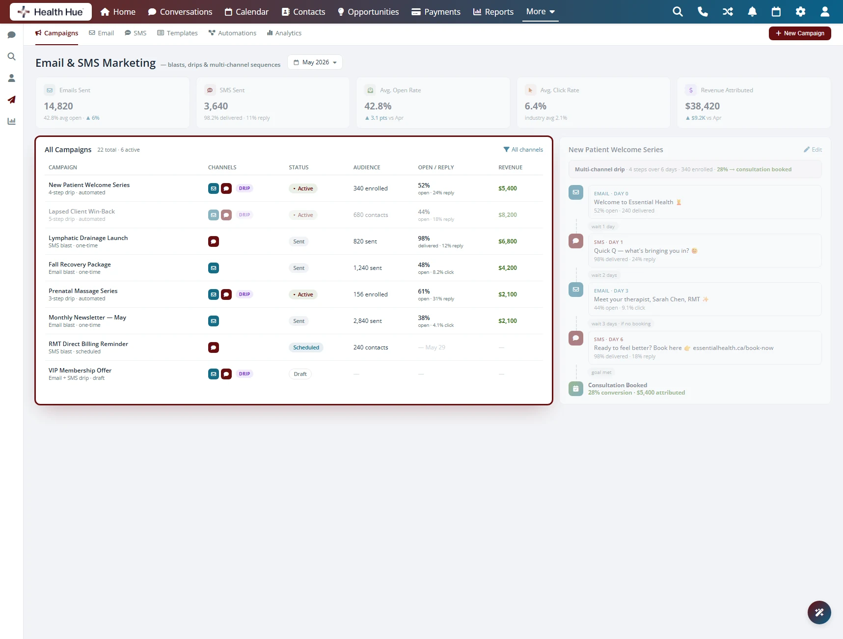 A clinic marketing dashboard tracking campaigns, ads, and bookings, managed by Health Hue Digital