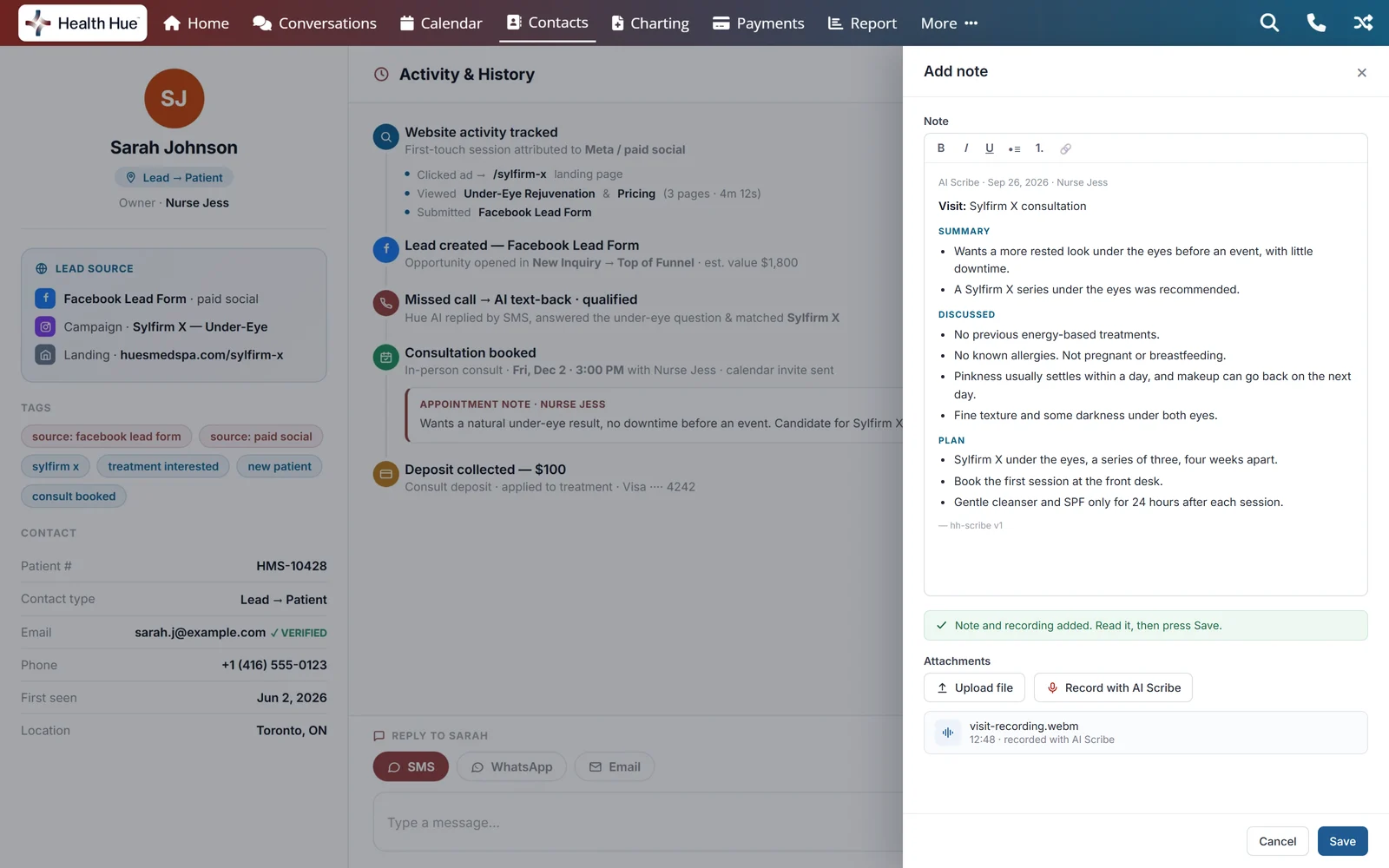 A patient record in the Health Hue Hub with the Add note drawer open: a drafted visit note, Record with AI Scribe beside Upload file, and the visit recording attached.