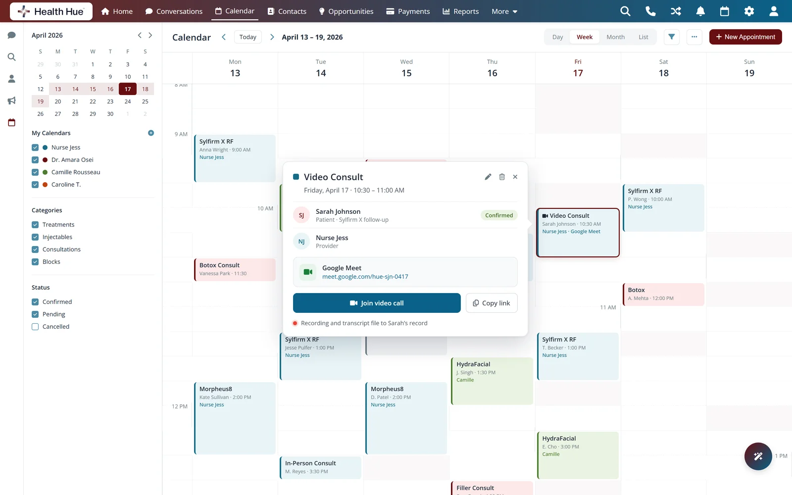 The Health Hue calendar in week view with a video consult open: Sarah Johnson with Nurse Jess at 10:30, the Google Meet link and a Join video call button.
