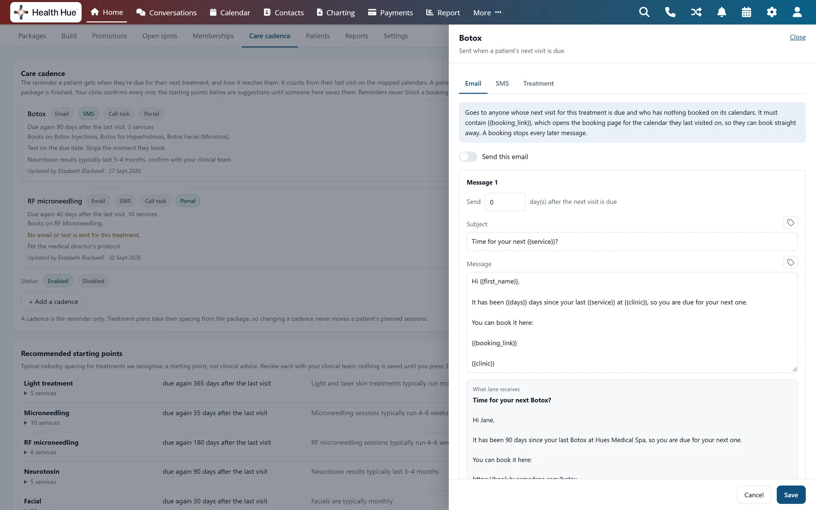 Editing the Botox cadence email in the Health Hue Hub: the subject Time for your next service, a message with the booking link, and a preview for Jane reading Time for your next Botox, with the note that a booking stops every later message.
