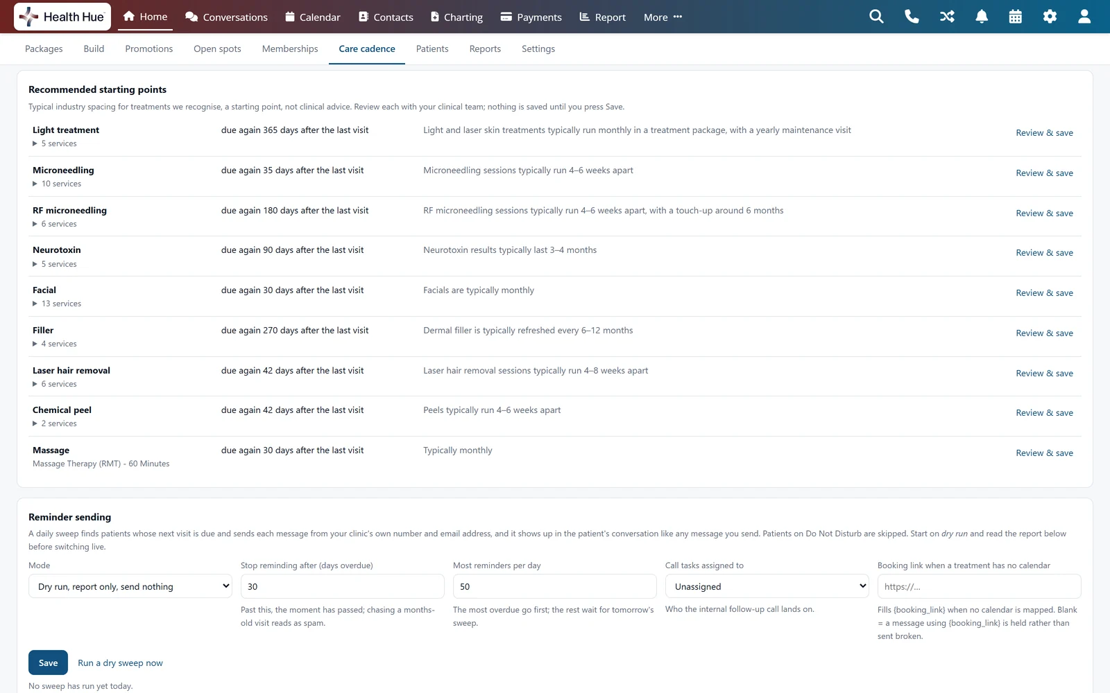 Reminder sending in the Health Hue Hub, below the recommended starting points: mode set to dry run, stop reminding after 30 days overdue, at most 50 reminders a day, call task assignee, a fallback booking link, and Run a dry sweep now.
