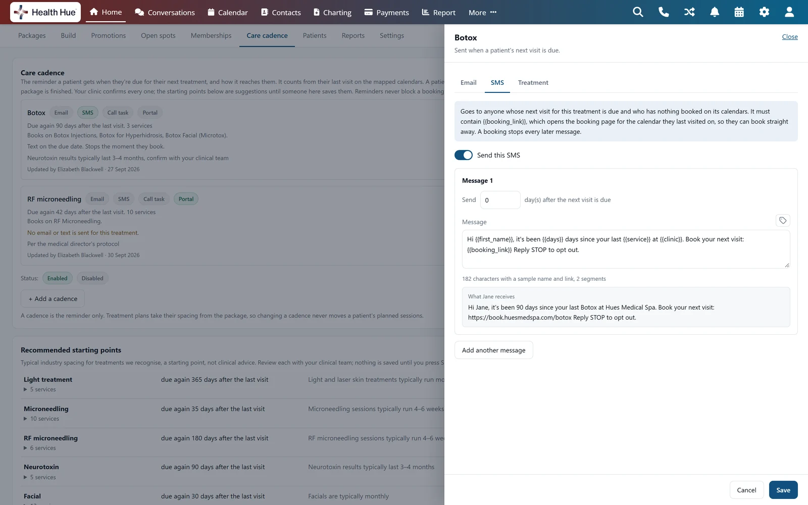 Editing the Botox cadence text in the Health Hue Hub: Send this SMS switched on, message 1 sent on the day the next visit is due, the message with first name, days, service, clinic and booking link fields, and a preview of what Jane receives from Hues Medical Spa.