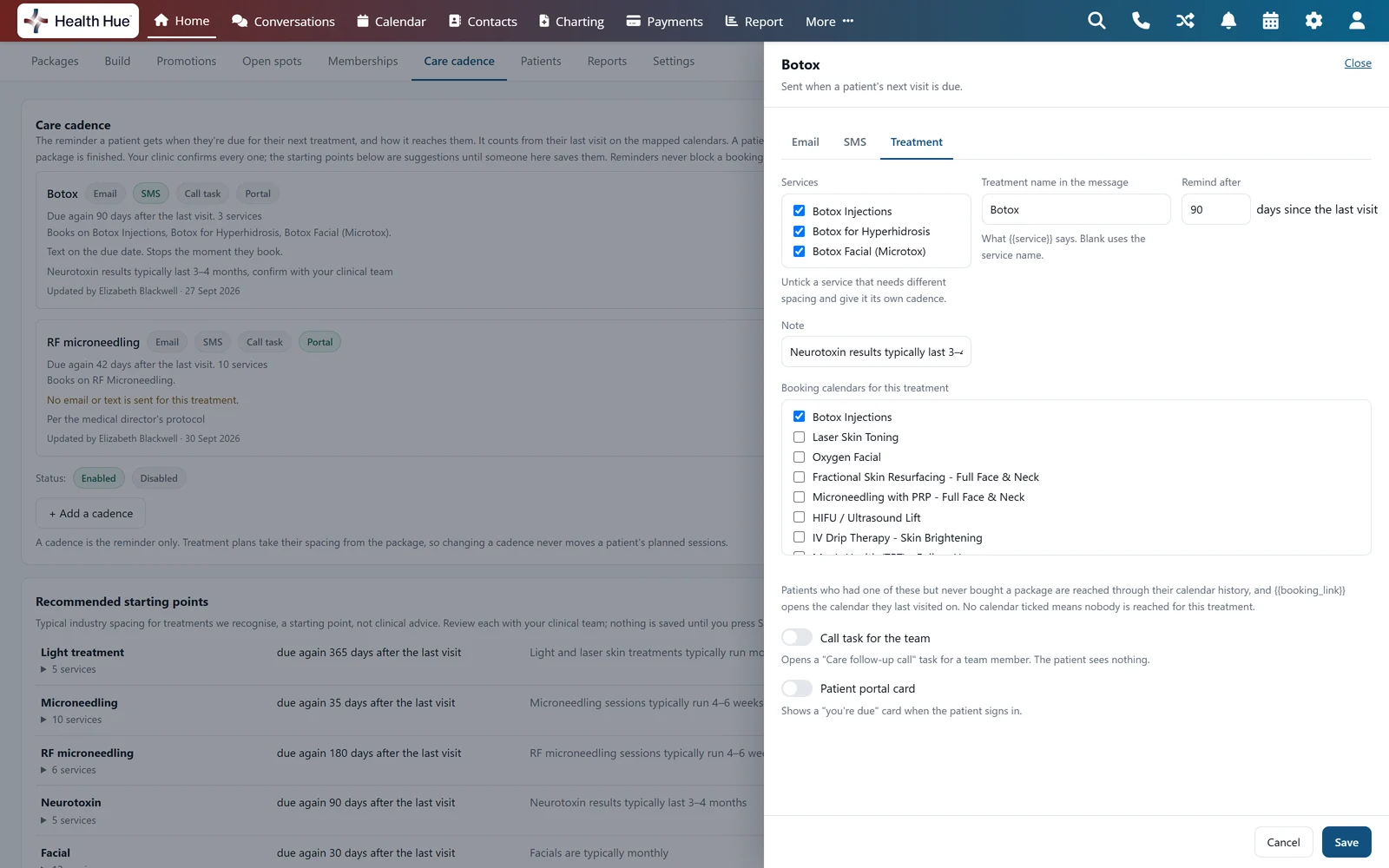 The Treatment tab of the Botox cadence in the Health Hue Hub: three Botox services ticked, remind after 90 days since the last visit, the Botox Injections booking calendar ticked, and switches for a call task for the team and a patient portal card.