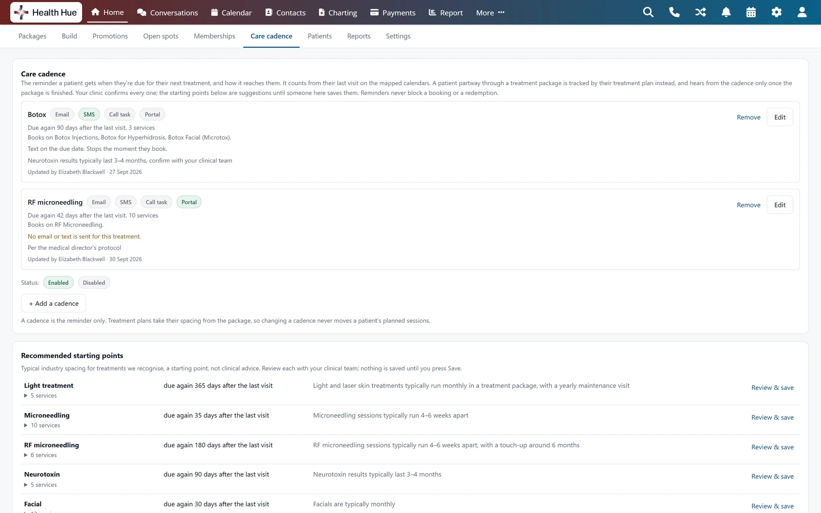 The Care cadence tab in the Health Hue Hub: a Botox cadence due again 90 days after the last visit that texts on the due date and stops the moment the patient books, an RF microneedling cadence with a portal card, and recommended starting points for light treatment, microneedling, neurotoxin and facials.