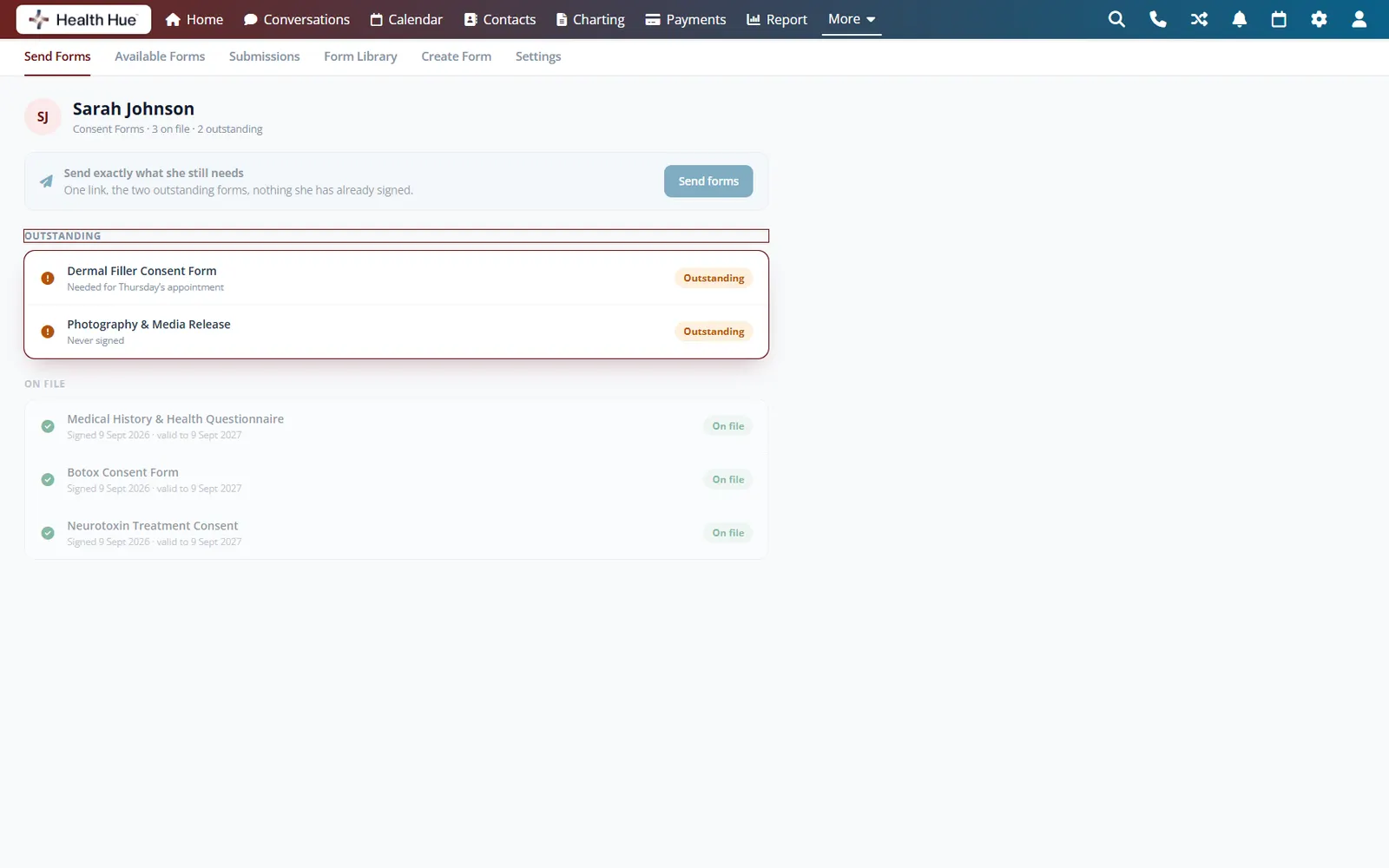 The Consent Forms tab on a patient record in the Health Hue Hub, showing what is outstanding, what is on file, and a single link to send the difference.