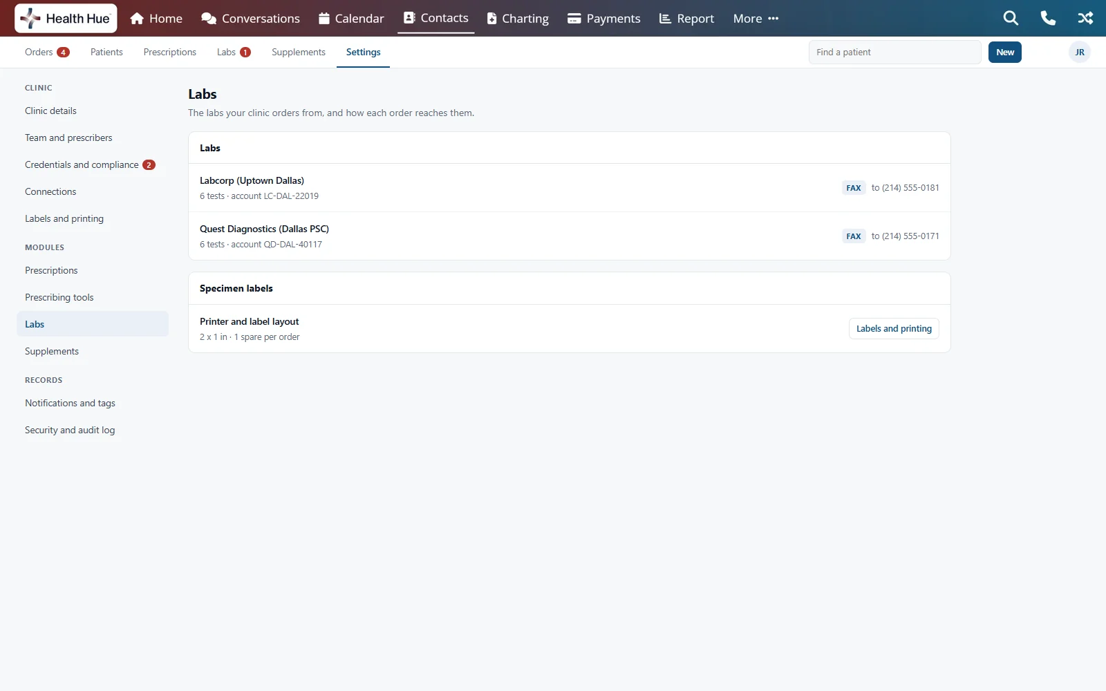The Labs settings in the Health Hue Hub: Labcorp and Quest Diagnostics, each with its test menu, the clinic account number and the fax number orders go to, plus the specimen label layout.