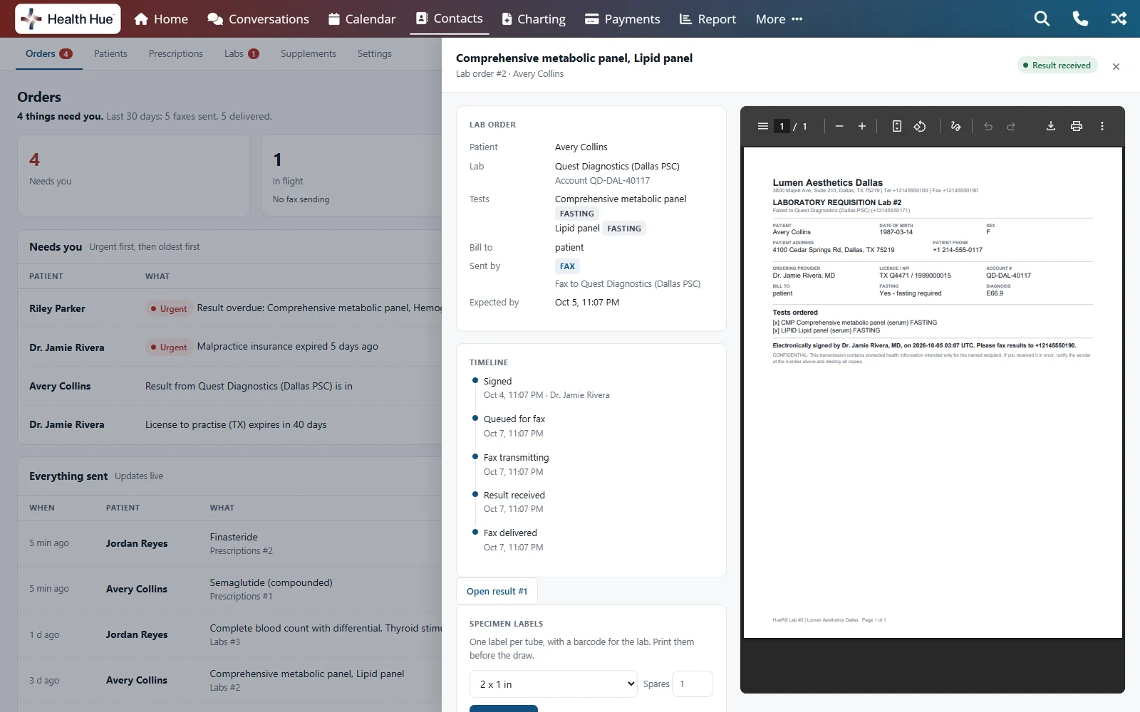 A lab order open in the Health Hue Hub: a comprehensive metabolic panel and lipid panel for Avery Collins at Quest Diagnostics on the clinic account, sent by fax, with a timeline from signed to result received and the faxed requisition alongside.