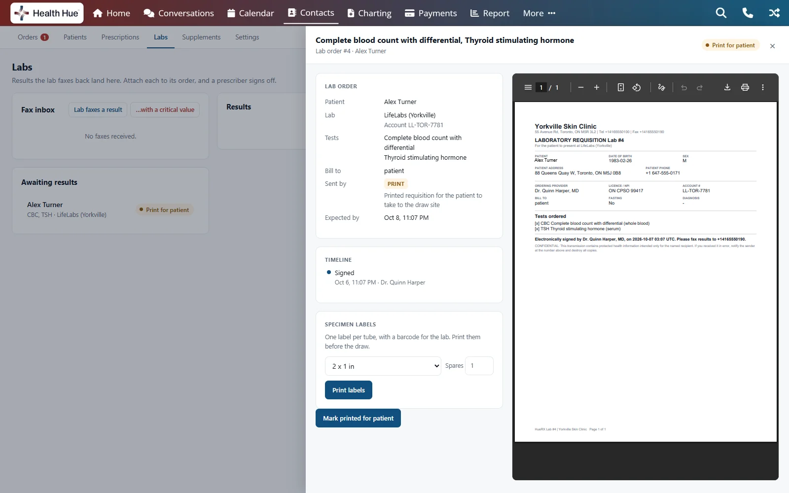 A LifeLabs order in the Health Hue Hub set to print for the patient: a complete blood count and TSH, the printed requisition for the draw site, specimen label options and a Mark printed for patient button.