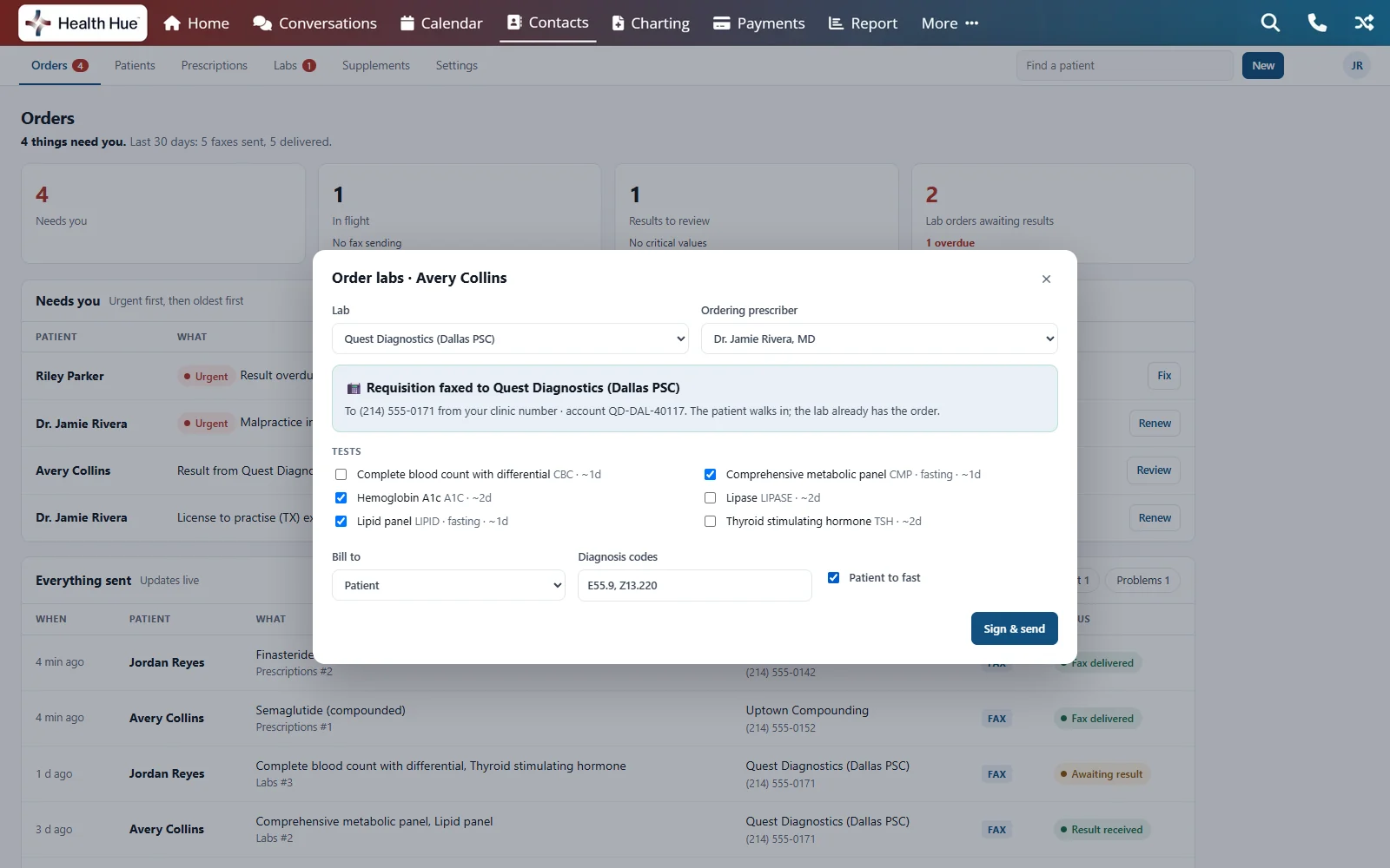 A new lab order in the Health Hue Hub: Quest Diagnostics selected, a comprehensive metabolic panel, lipid panel and hemoglobin A1c ticked, with the requisition set to fax from the clinic number.