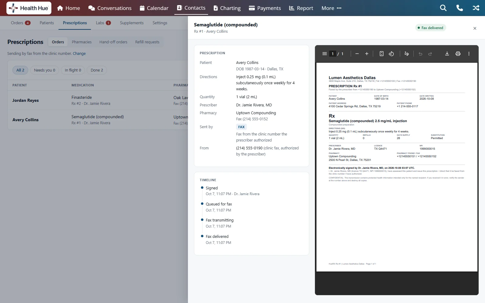 A compounded semaglutide prescription in the Health Hue Hub, faxed from the clinic number to a compounding pharmacy, with its delivery timeline and the prescription PDF exactly as the pharmacy received it.