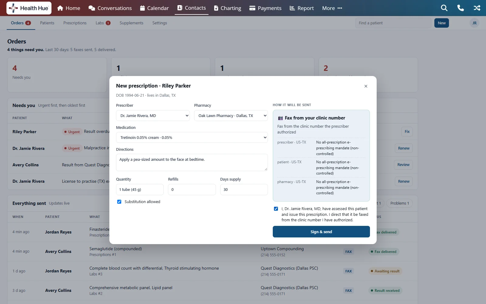 A new prescription in the Health Hue Hub: tretinoin cream to Oak Lawn Pharmacy, with the route panel showing it will fax from the clinic number and the rule checked for prescriber, patient and pharmacy.