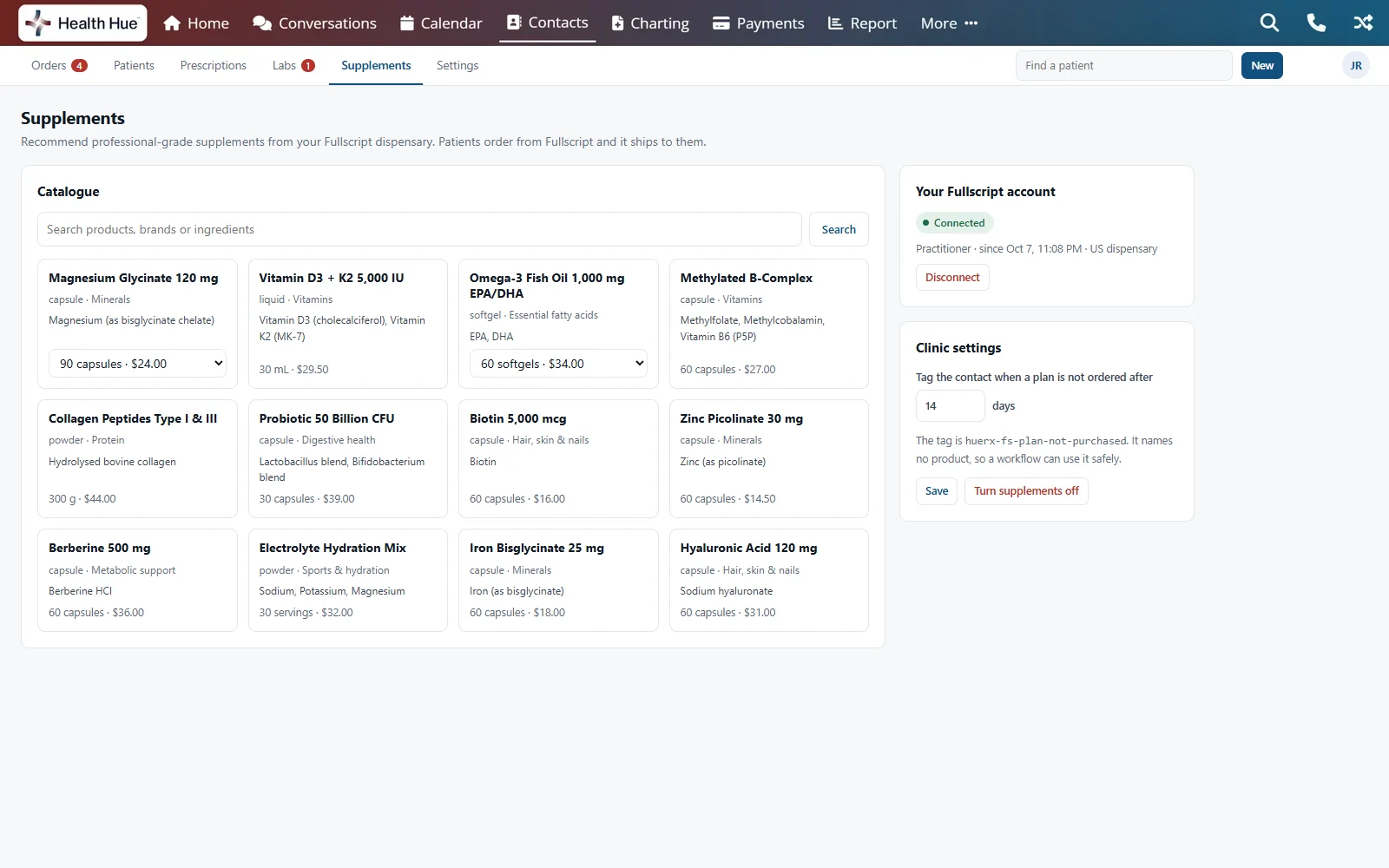 The Supplements page in the Health Hue Hub: the Fullscript catalogue, the practitioner’s Fullscript account marked connected, and a clinic setting that tags the contact when a plan is not ordered after a set number of days, here 14.