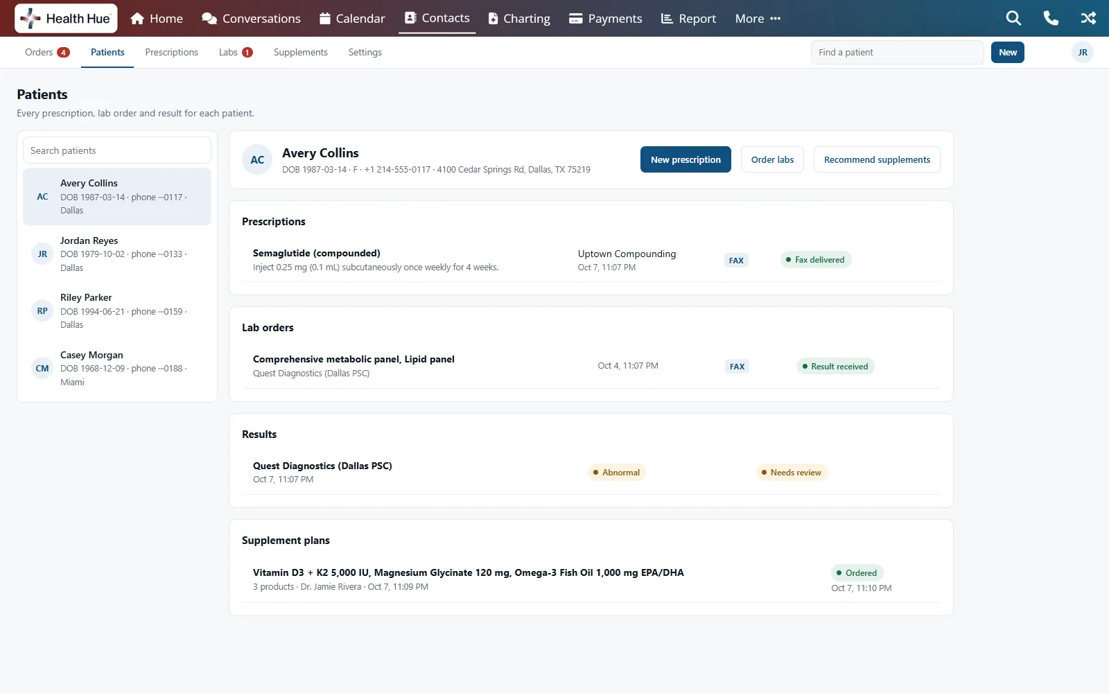 A patient record in the Health Hue Hub for Avery Collins: a compounded prescription marked fax delivered, a lab order with its result received, an abnormal result waiting for review, and a three-product supplement plan marked ordered.