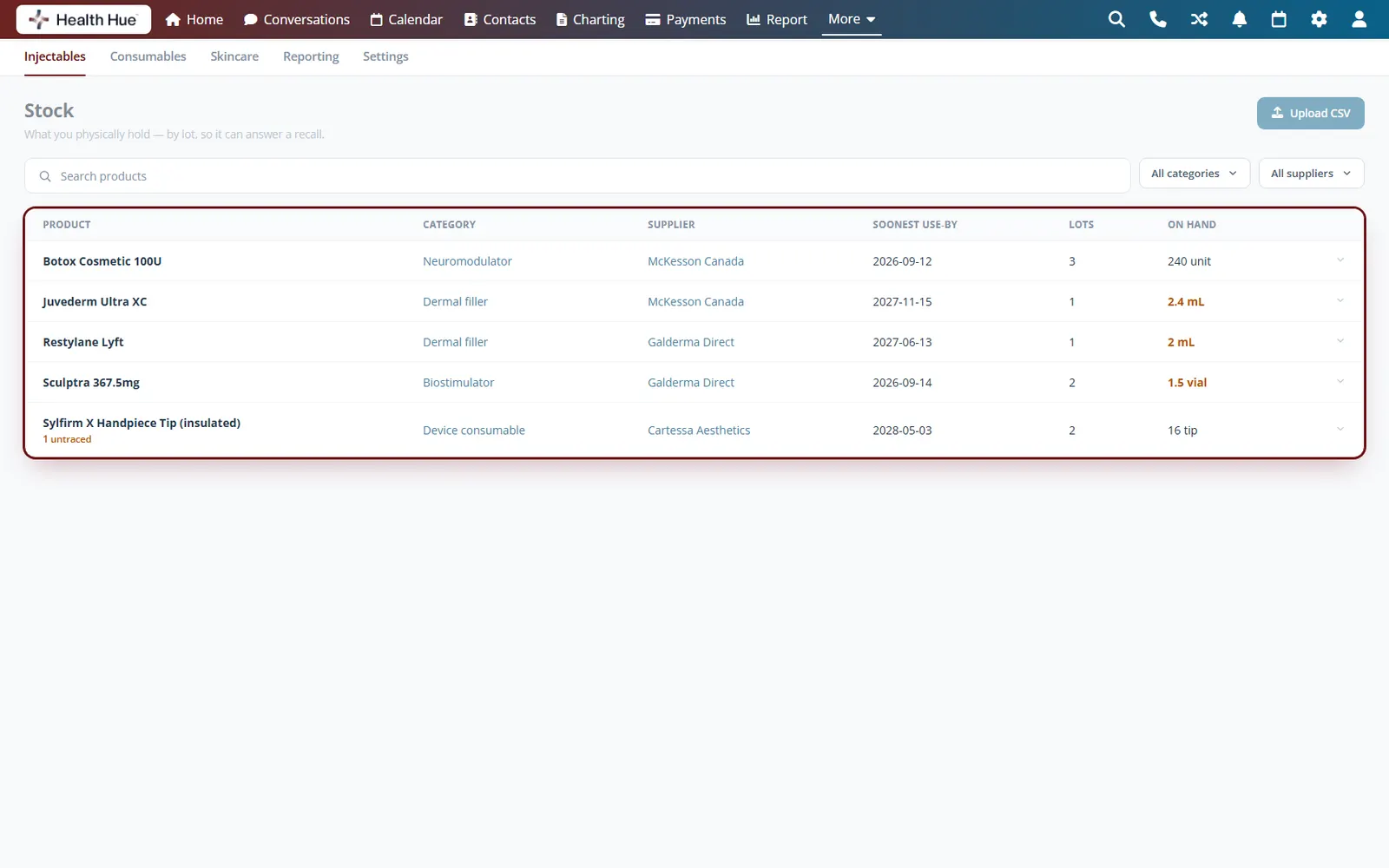 The Health Hue Hub inventory screen on a laptop, listing products by category and supplier with the soonest use-by date, how many lots each sits across, and what is on hand.