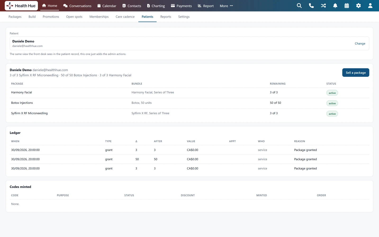 Daniele Demo’s packages in the Health Hue Hub: Harmony Facial 3 of 3, Botox Injections 50 of 50 units and Sylfirm X RF Microneedling 3 of 3, all active, with a Sell a package button and a ledger of each package granted.