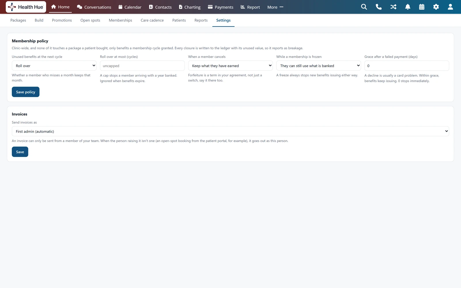 The Membership policy settings in the Health Hue Hub: unused benefits roll over at the next cycle, roll over uncapped, members keep what they have earned when they cancel, frozen members can still use what is banked, and a grace period after a failed payment, with a Save policy button and invoice settings below.