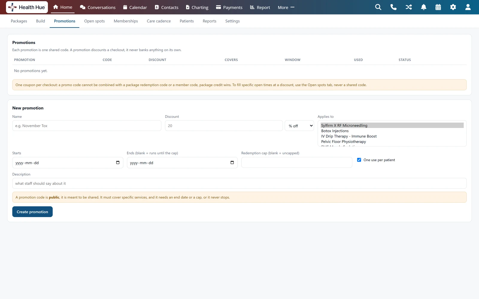 The Promotions tab in the Health Hue Hub, with no promotions yet, a note that a promo code cannot be combined with a package or member code, and the New promotion form: name, 20 percent off, services it applies to, start and end dates, a redemption cap and one use per patient.