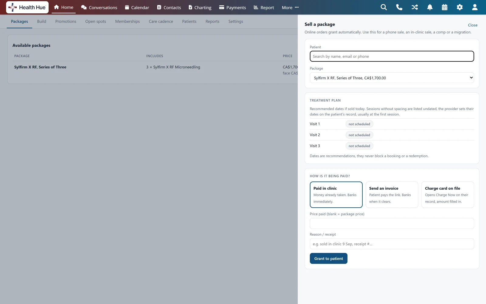 The Sell a package drawer in the Health Hue Hub: a patient search, the Sylfirm X RF, Series of Three package at CA$1,700.00, a treatment plan of three visits not yet scheduled, and three ways to be paid: paid in clinic, send an invoice or charge card on file.