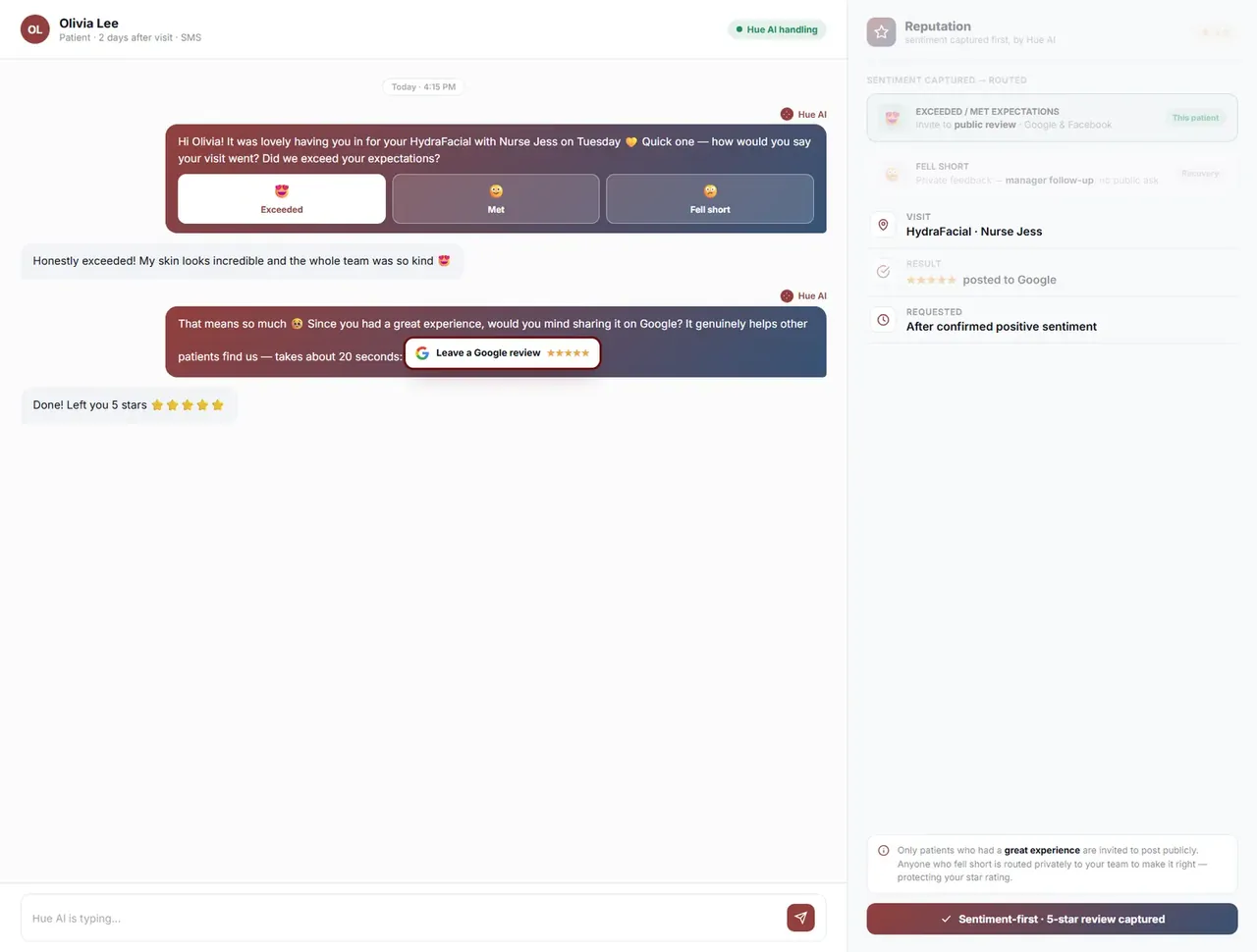 Hue AI sending an automatic Google review request a couple of days after the patient's visit.