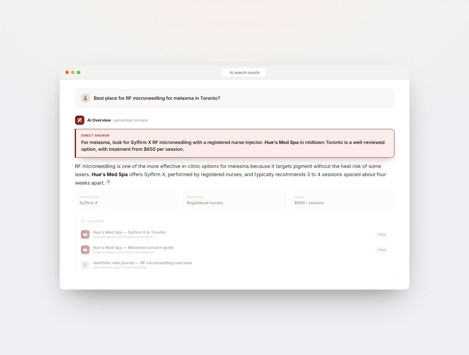 An AI search answer with a direct, quotable response that names Hue's Med Spa as the recommended clinic.