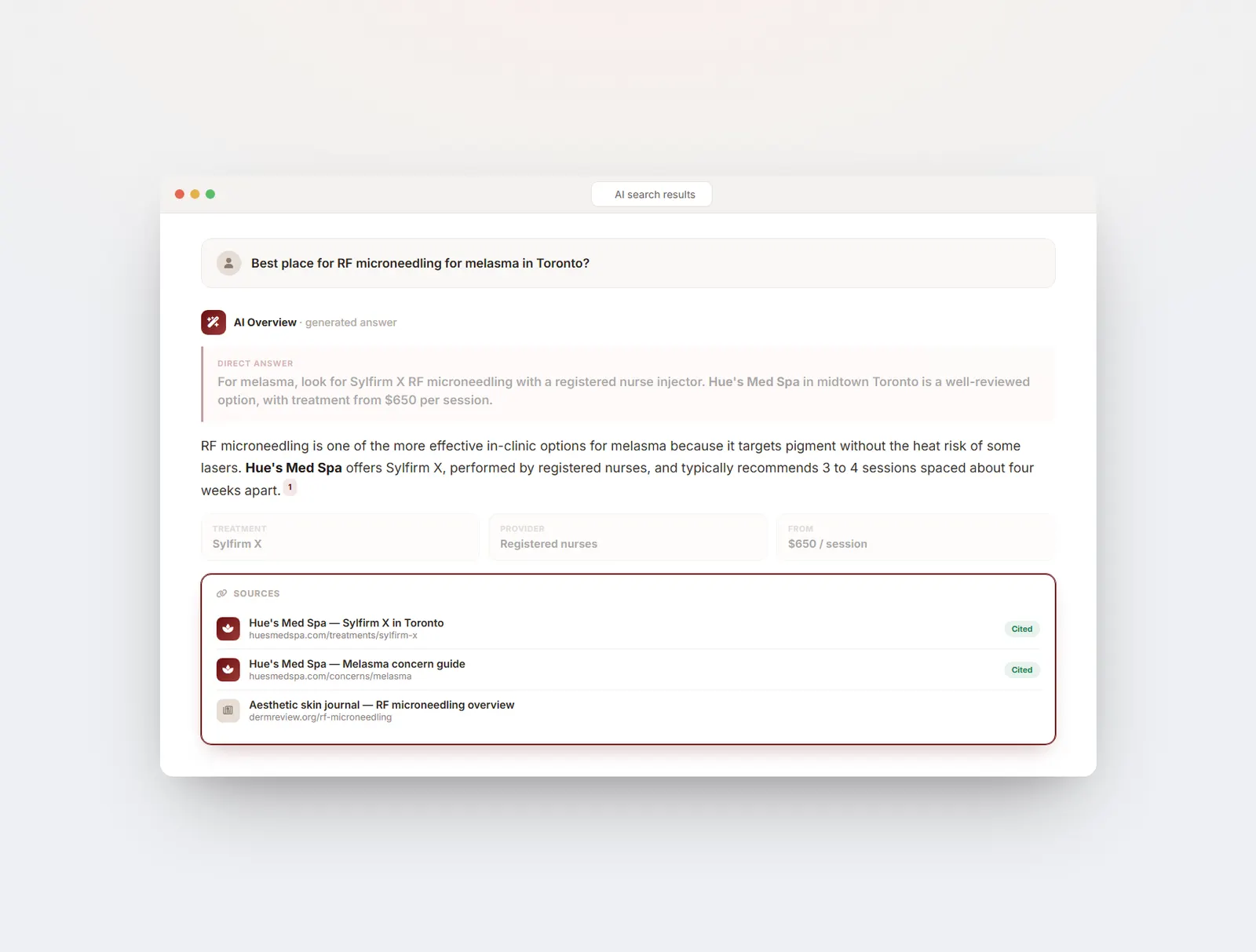 The AI answer with its source list highlighted, citing two Hue's Med Spa pages.