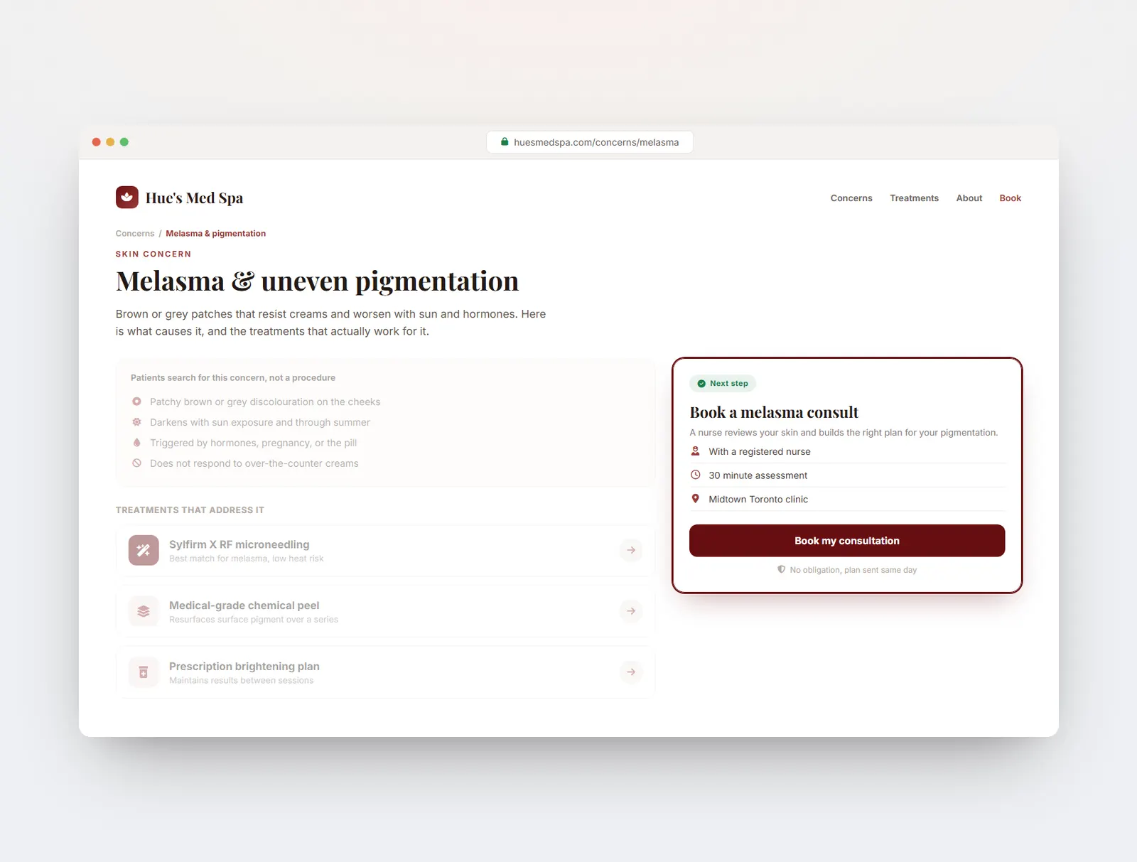The concern page with its booking card highlighted, turning discovery into a booked consultation.