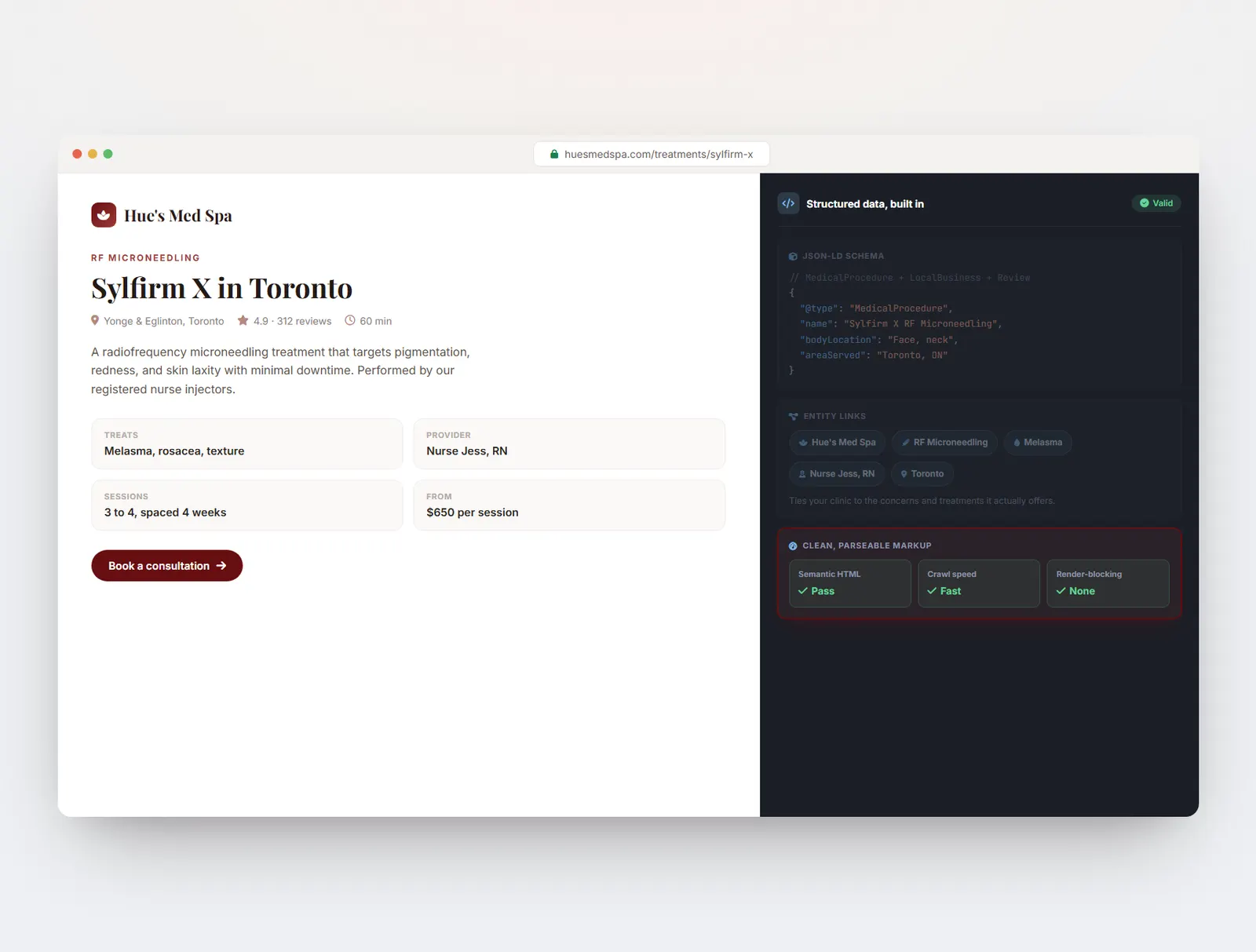The page with its clean, fast, parseable markup checks highlighted for search engines and AI models.