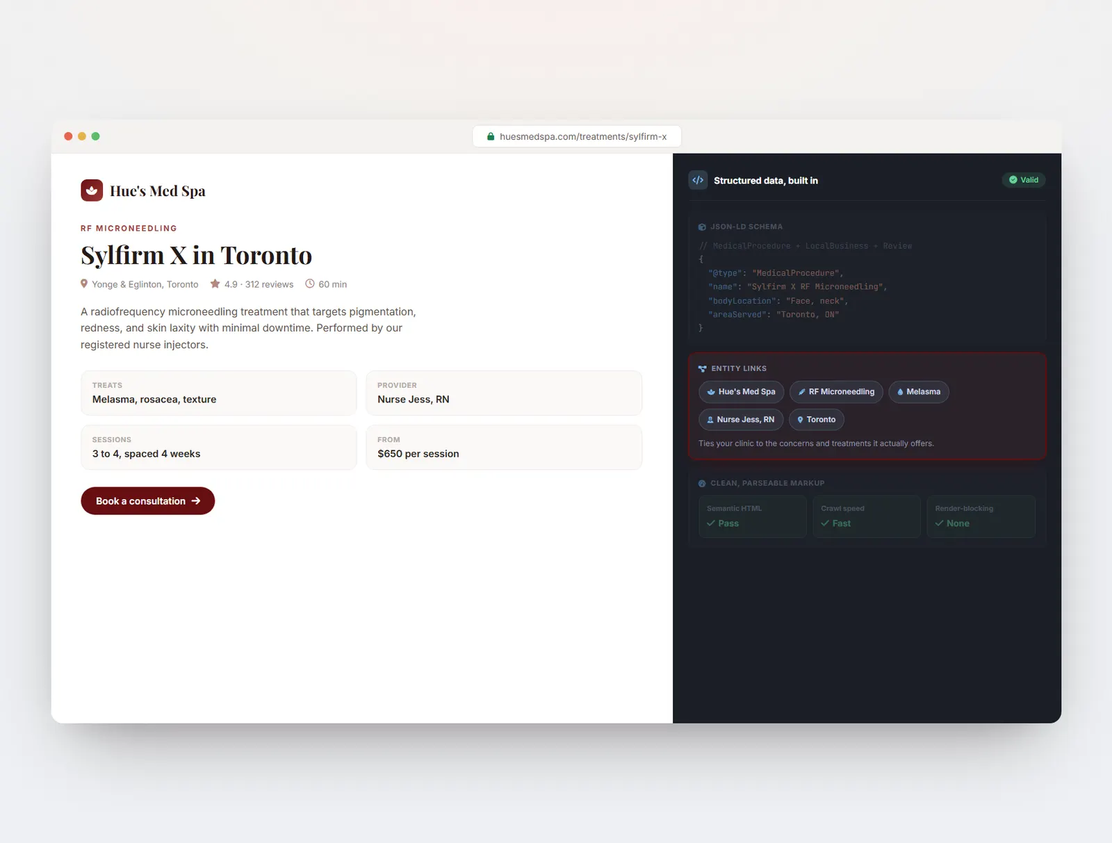 The same page showing entity links that connect the clinic to the treatments and concerns it offers.