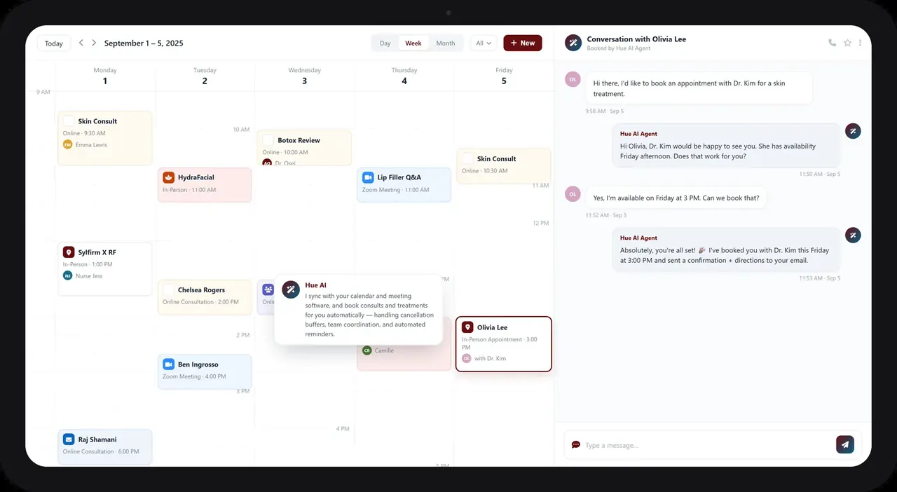 The Express Booking intake step in the Health Hue Hub, where a patient accepts the cancellation policy and answers booking questions.