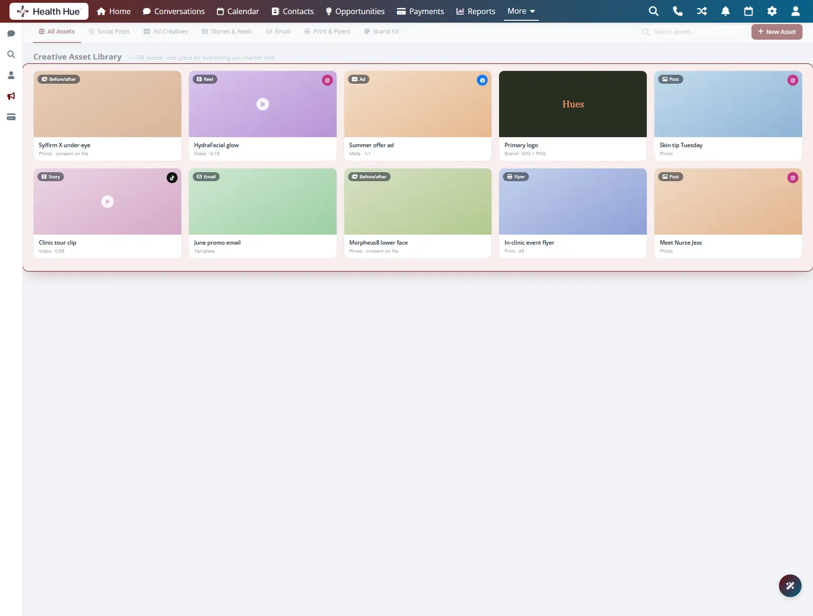 The creative asset library in the Health Hue Hub with the full grid of ads, photos, logos, and posts highlighted as one place for everything.