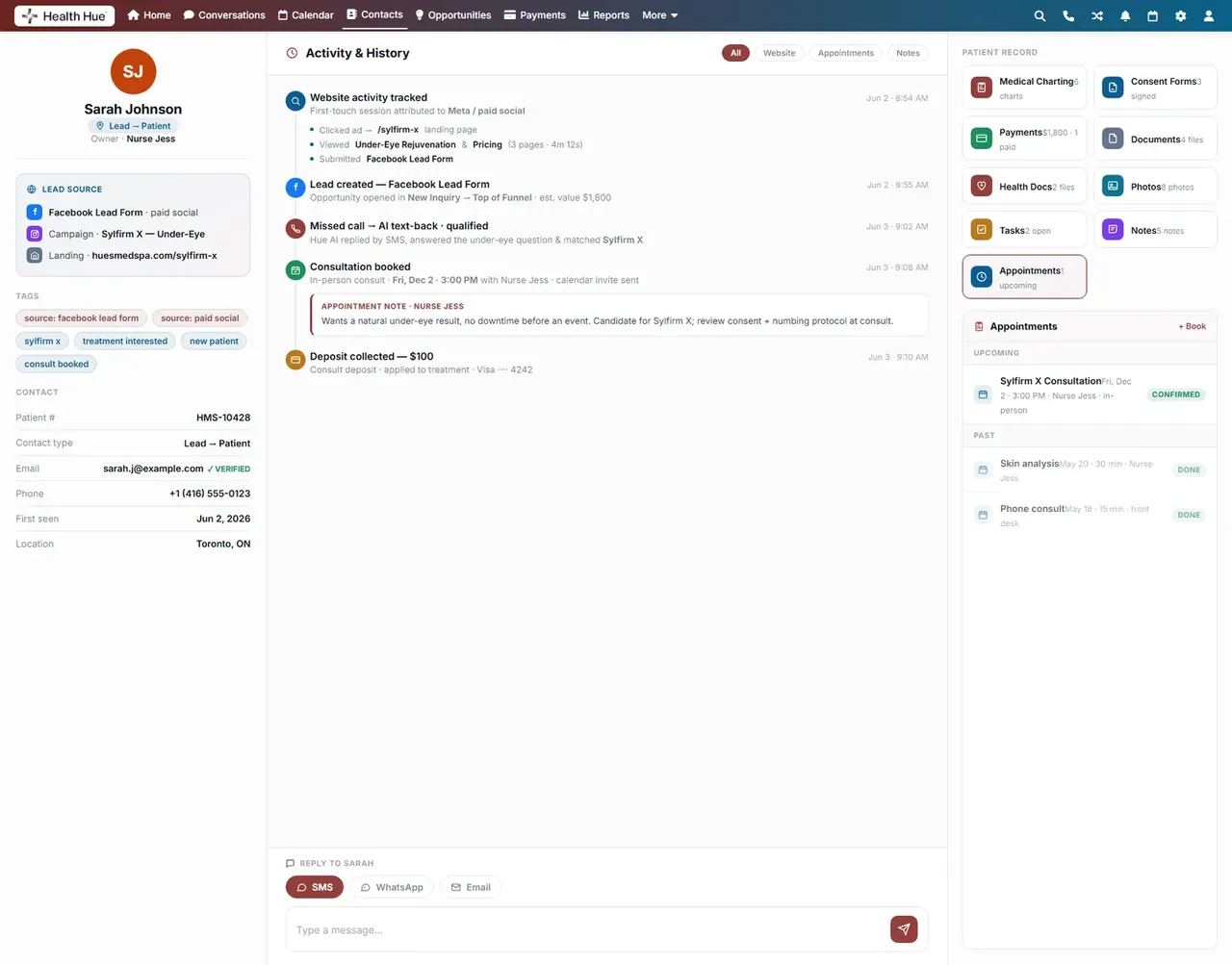 The appointment-history module on a Health Hue Hub patient record, listing past and upcoming visits by provider.