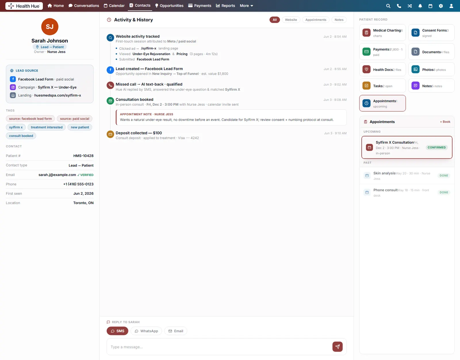 The Appointments panel with the upcoming Sylfirm X consultation highlighted, time, provider, and location detailed.