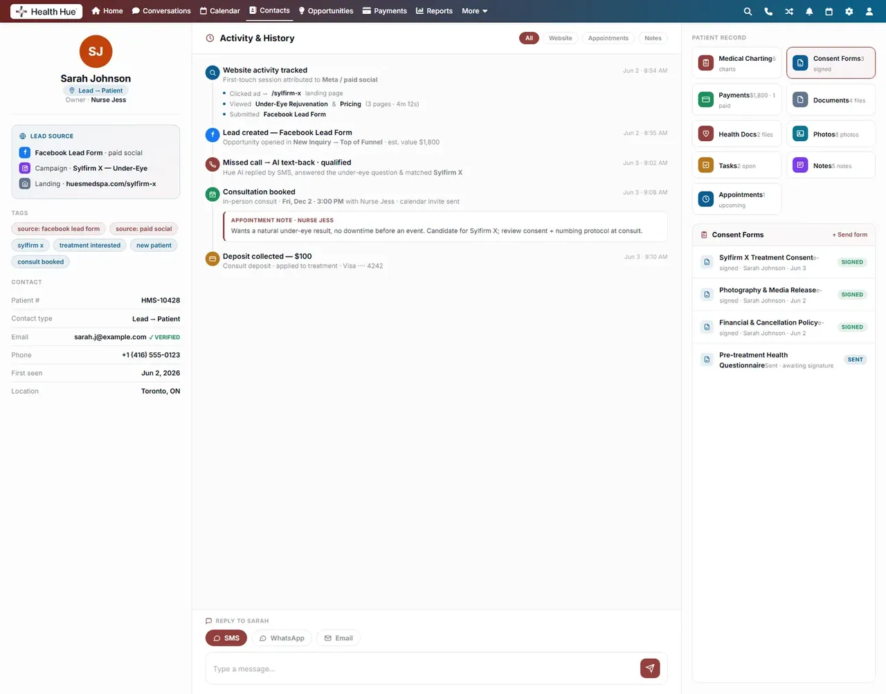 The consent and communication-preferences module on a Health Hue Hub patient record.