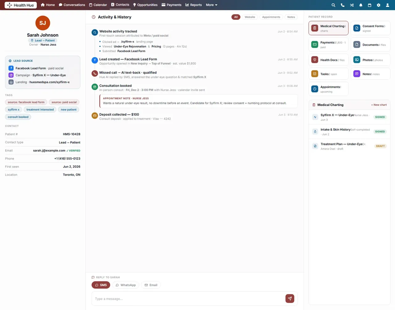 The unified patient profile in the Health Hue Hub, with contact details, tags, and an activity timeline.