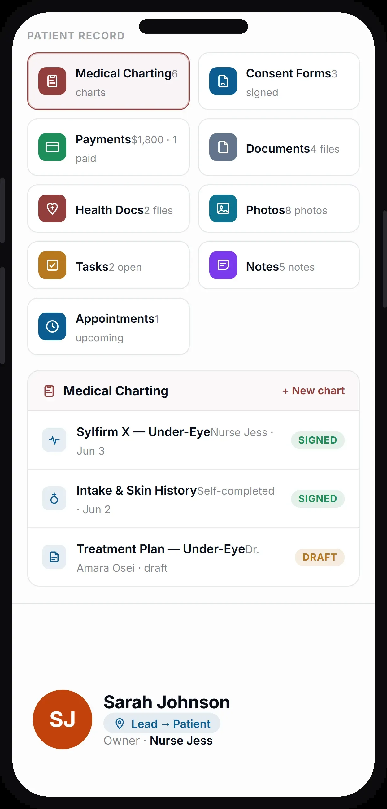 The Health Hue Hub patient record on the mobile app, showing contact details, history, and notes.