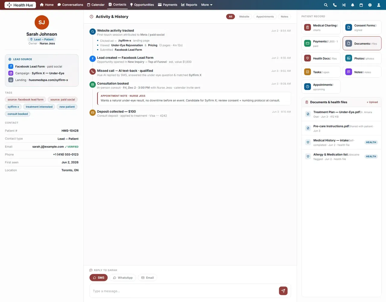 The documents module on a Health Hue Hub patient record, listing intake forms and attached files.