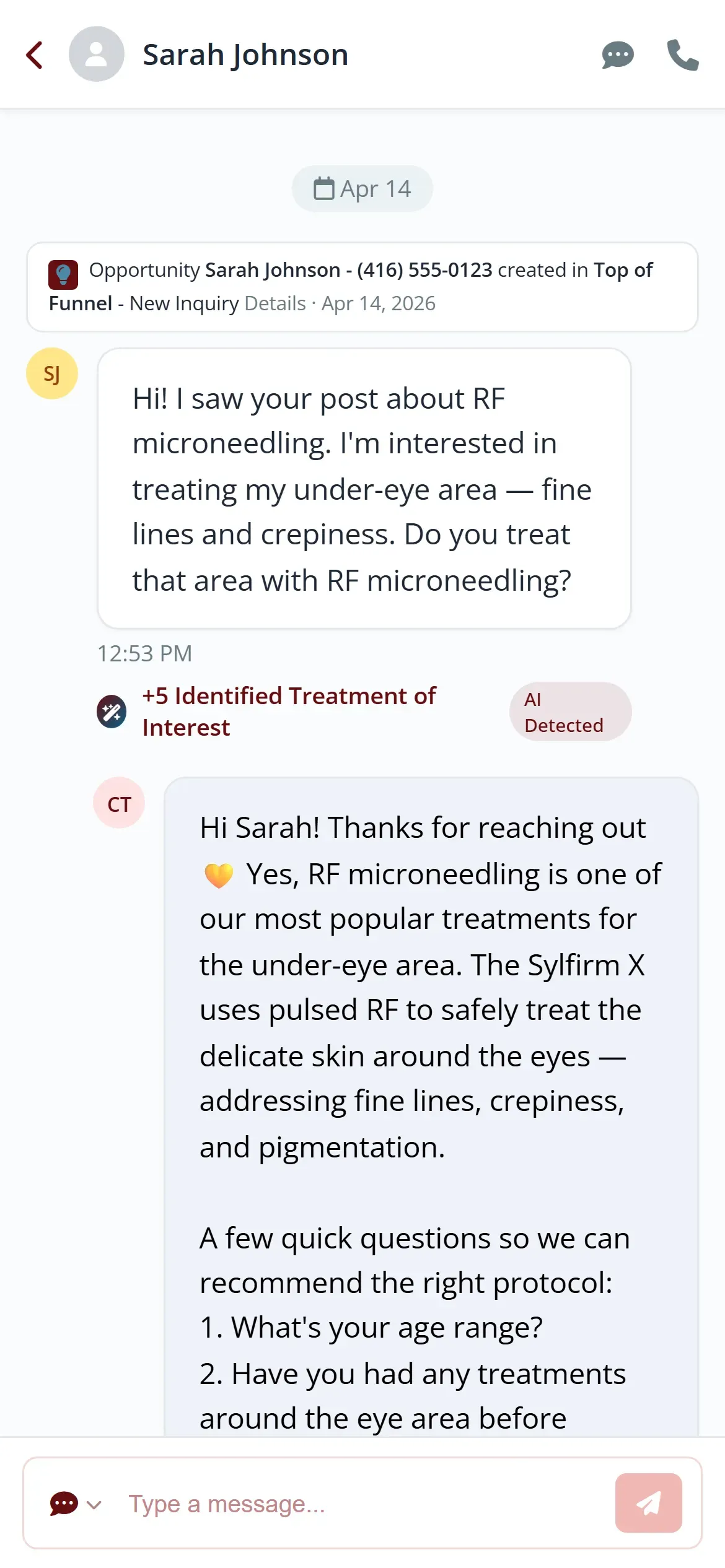 A patient SMS conversation in the Health Hue Hub showing the Express Booking link, the patient reply, and the booking confirmation.