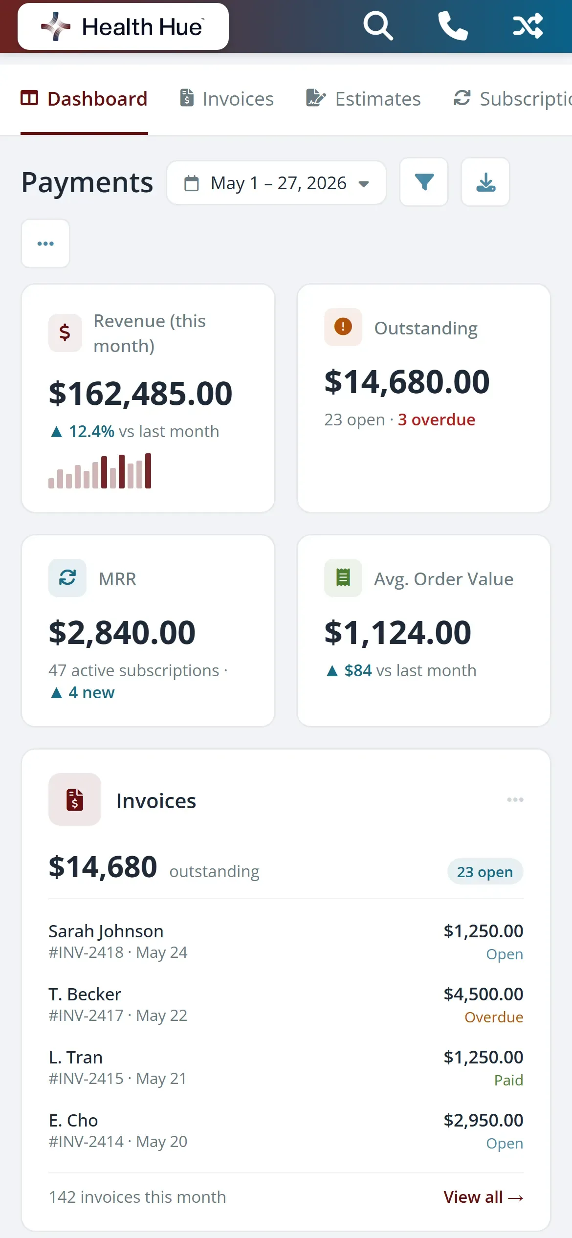 The Health Hue Hub checkout on the mobile app, showing a treatment total ready to collect payment.