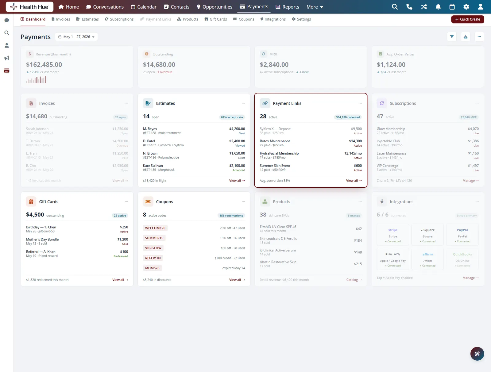 The Payment Links card highlighted on the Health Hue Hub payments dashboard, ready to send a one-tap pay link.
