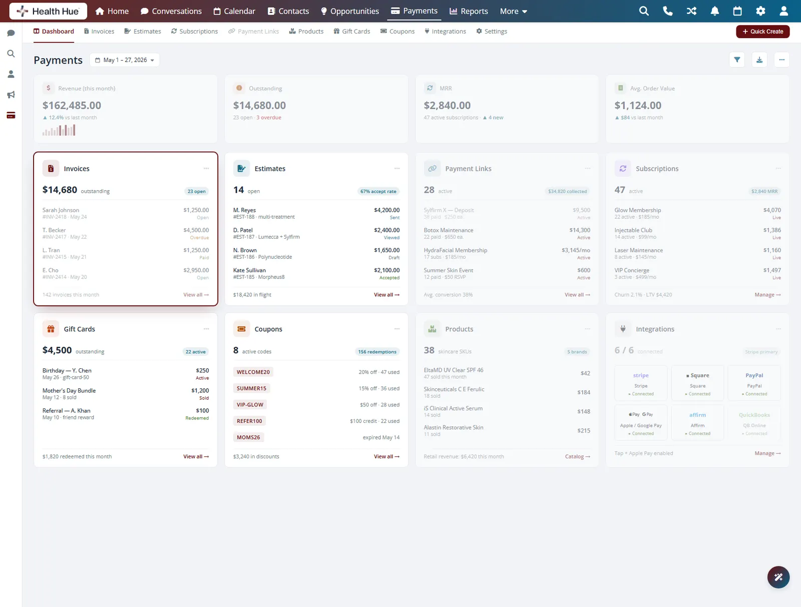 The Invoices card highlighted on the Health Hue Hub payments dashboard, sending receipts under your own brand.