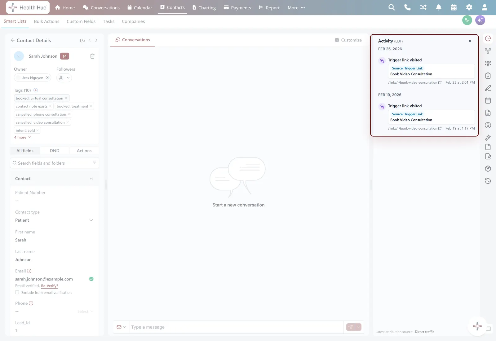 The activity timeline with the auto-logged website-tracking event highlighted, ad click, pages viewed, and lead form captured automatically.