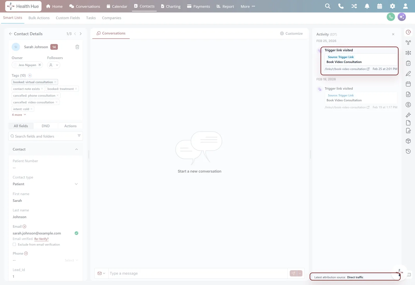 The activity timeline with the filter pills highlighted, the feed filtered by website, appointments, or notes.
