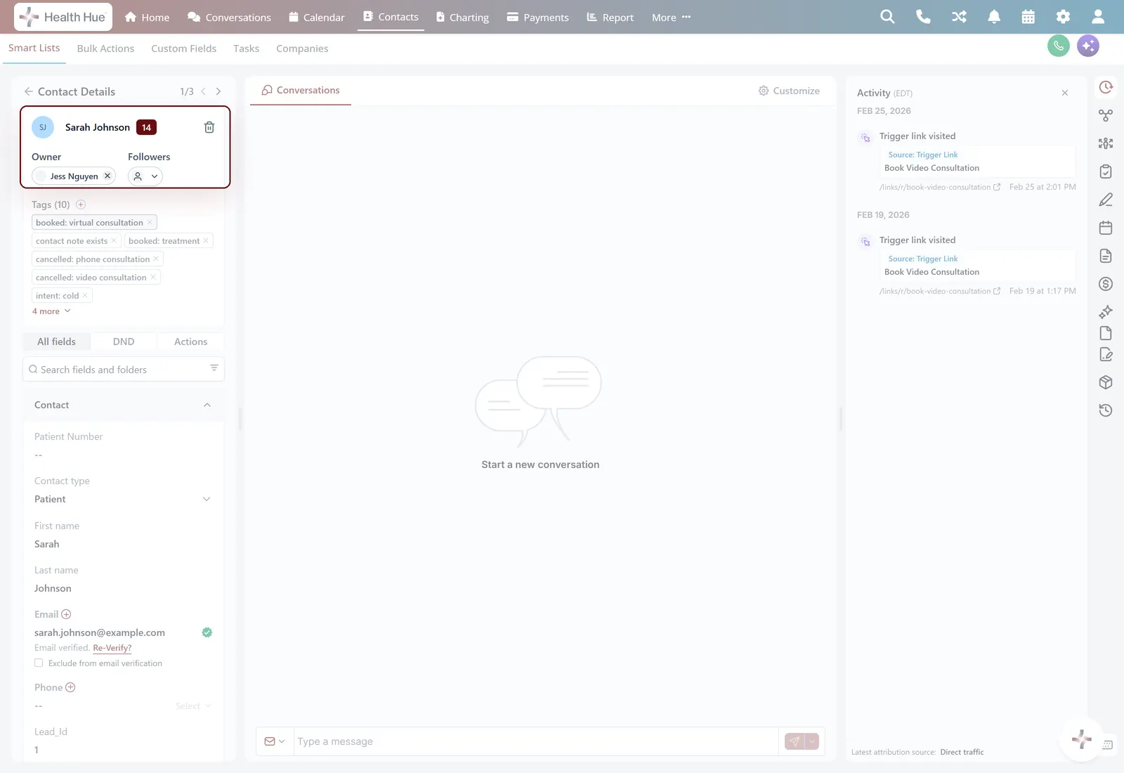 The same profile with the shared activity history highlighted, where the whole team sees the patient journey in one timeline.