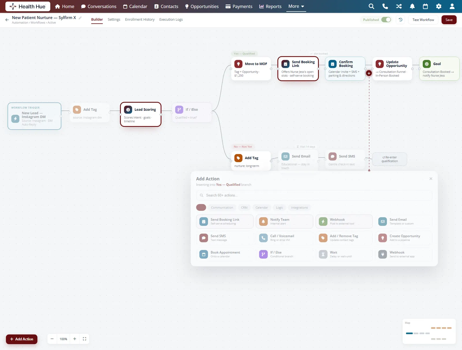 The Health Hue Hub automation builder with the AI scoring and AI booking steps highlighted as they tailor the message to the patient.